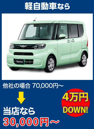 軽自動車なら、他社の場合70,000円～のところをGarage TAK（ガレージタケ）なら30,000円～　5万円DOWN！